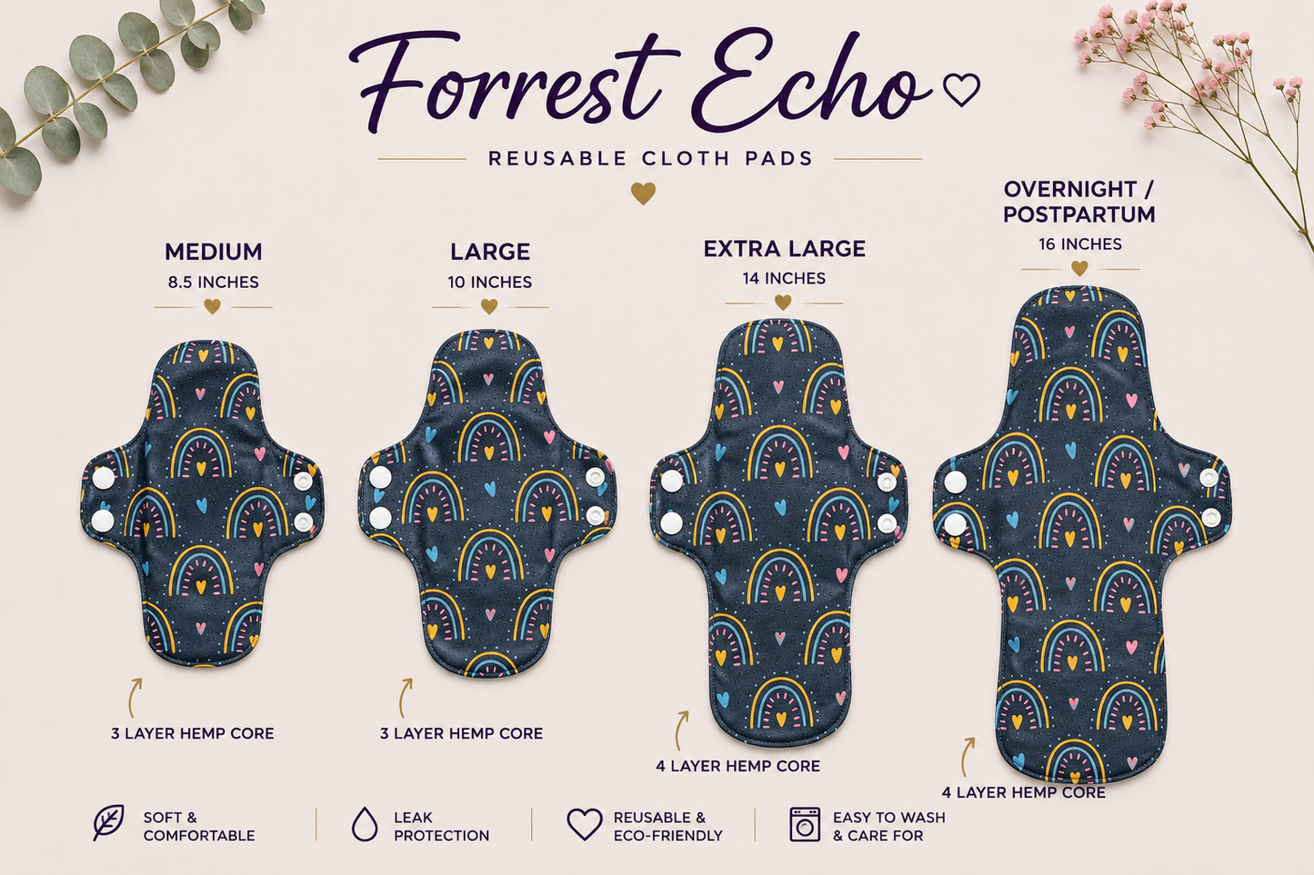Rainbow Hearts - Medium (Reusable) Cloth Pad | Forrest Echo