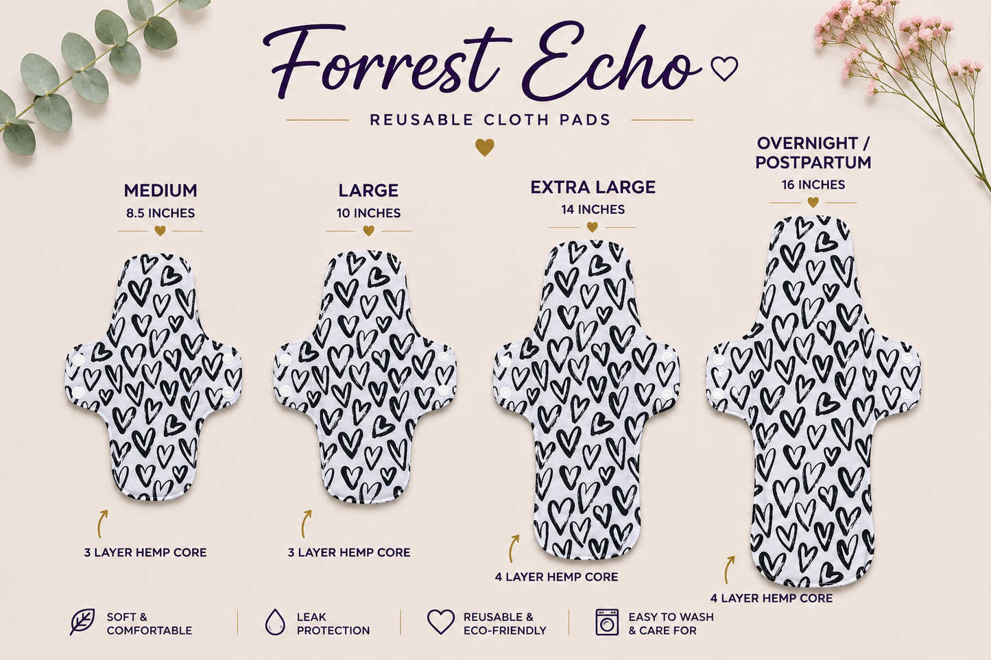Black Hearts - Medium (Reusable) Cloth Pad | Forrest Echo
